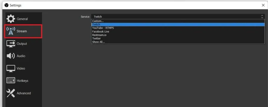 OBS Settings > Stream > Service