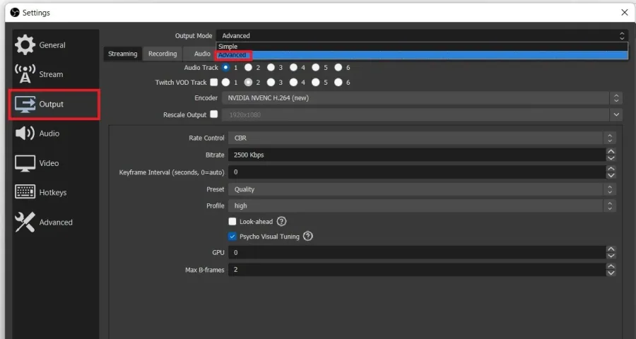 OBS Settings > Output