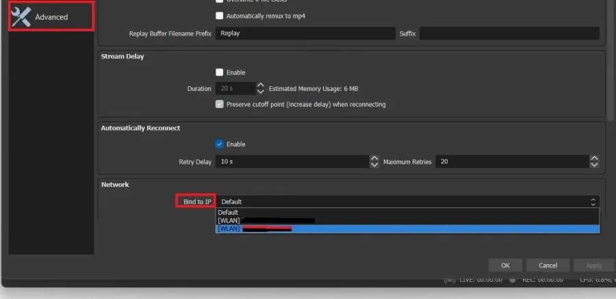 OBS Settings > Advanced