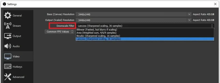 OBS Studio > Settings > Video > Downscale Filter