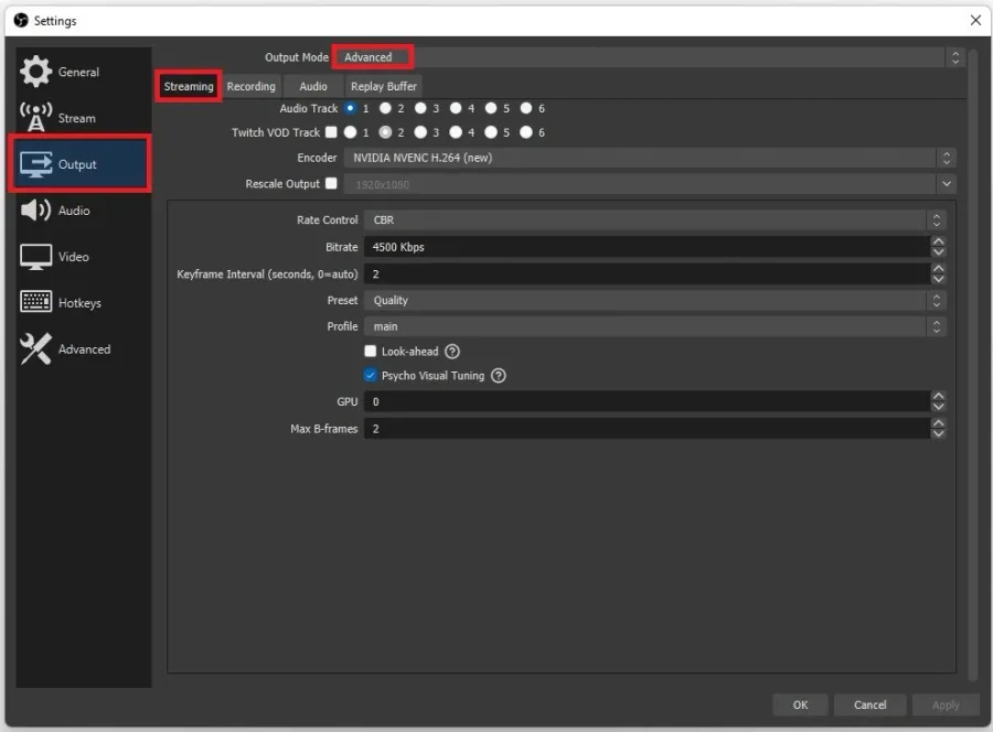 OBS Studio > Settings > Output > Advanced