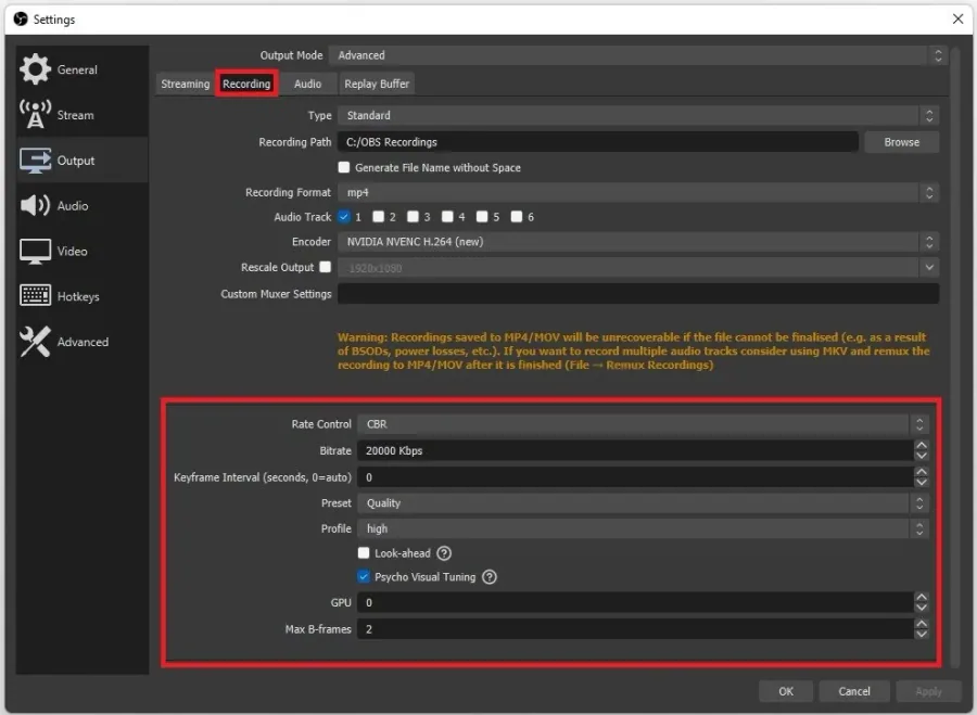 OBS Studio Settings > Output > Recording