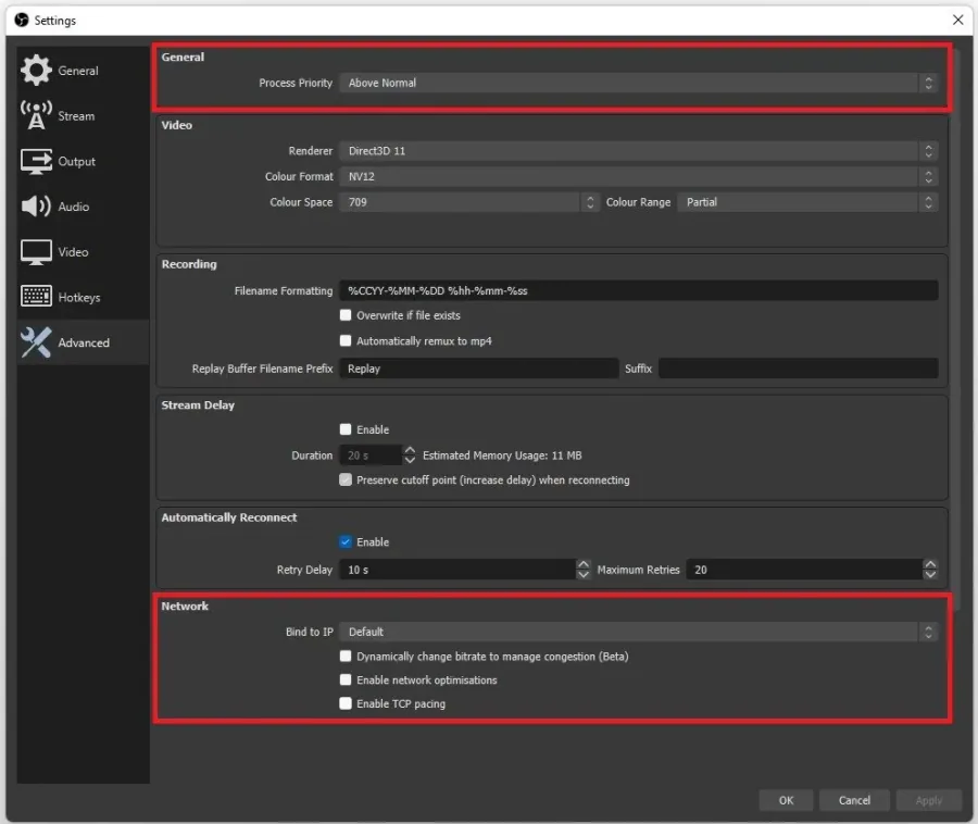 OBS Studio > Settings > Advanced