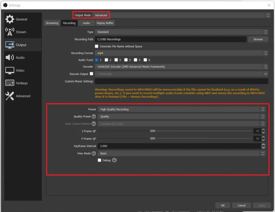 OBS Settings > Output > Advanced