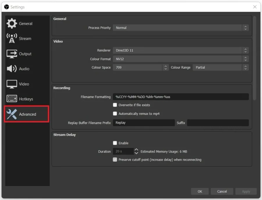 OBS Studio > Settings > Advanced