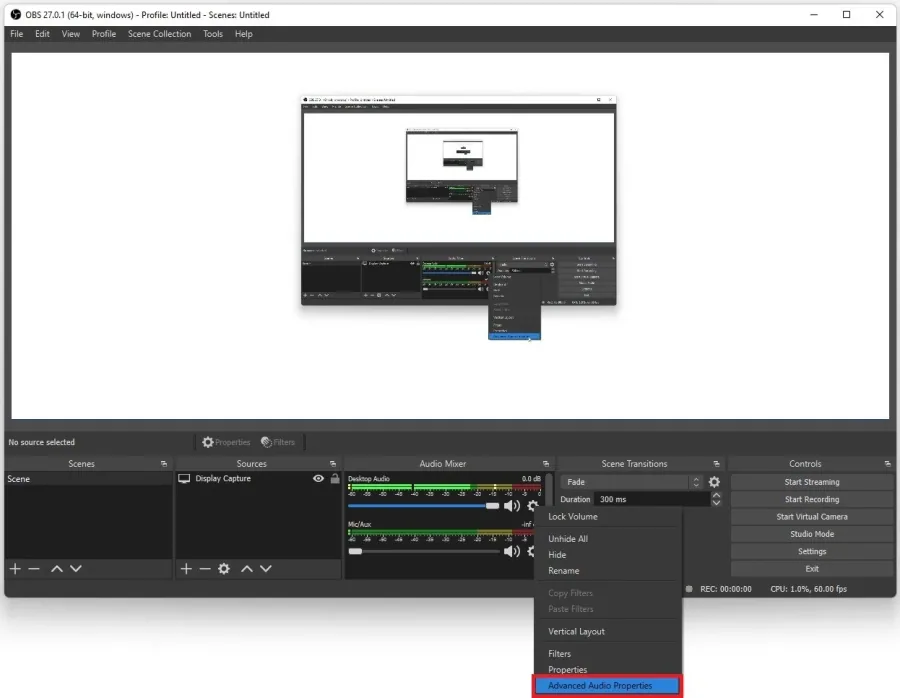 OBS Studio > Audio Mixer > Advanced Audio Properties