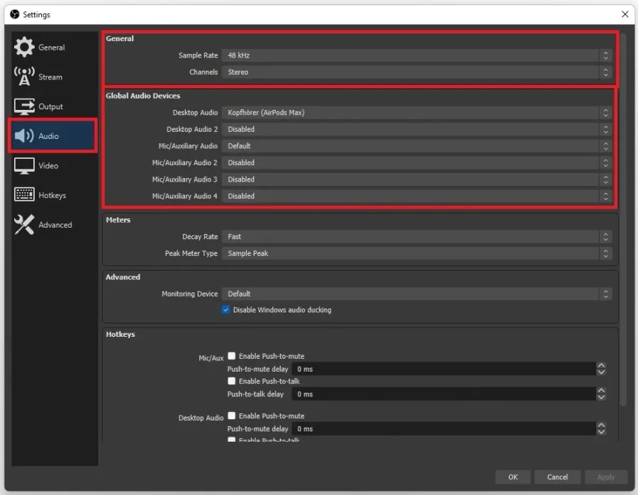 OBS Studio Settings > Audio