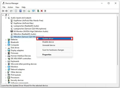 Device Manager > Audio Input Device > Update Driver