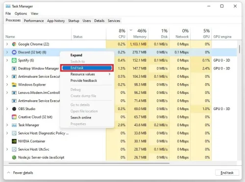 Task Manager > Processes > End Task