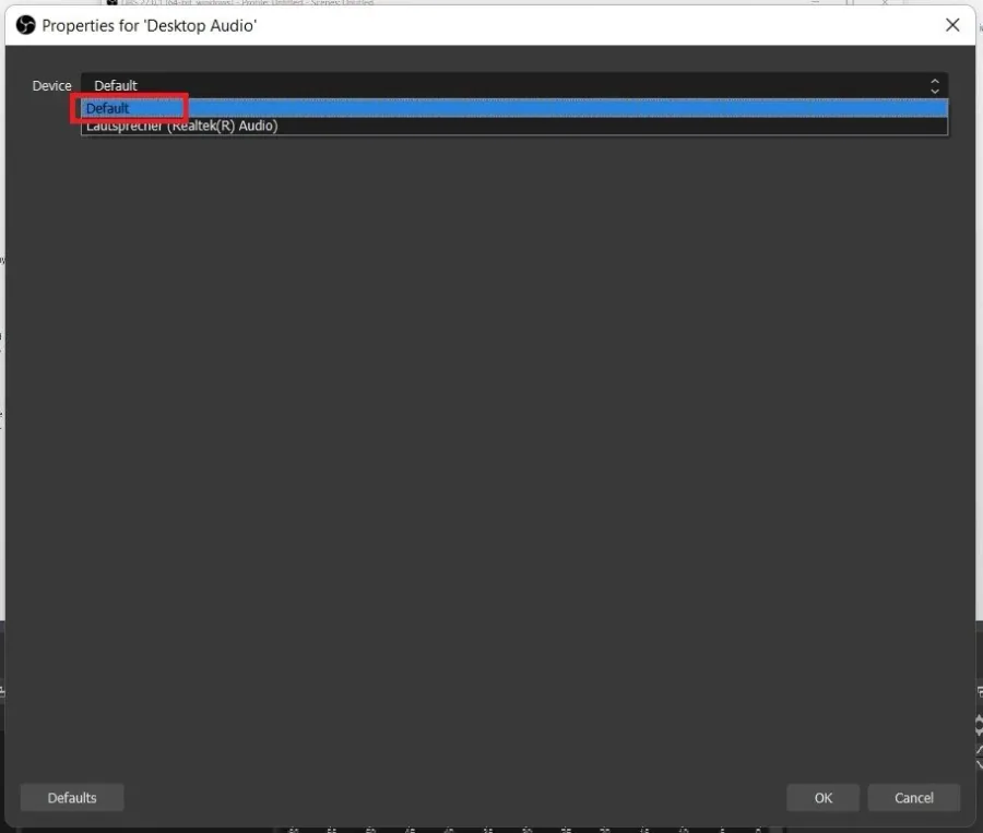 OBS Studio Properties for “Desktop Audio”