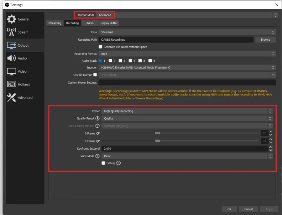 OBS Studio Settings > Output