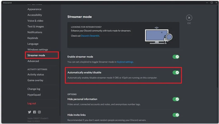 Discord Settings > Streamer Mode > Automatically Enable