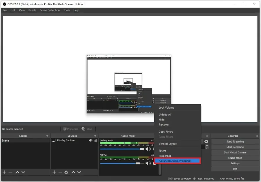 OBS Studio > Audio Mixer > Advanced Audio Properties