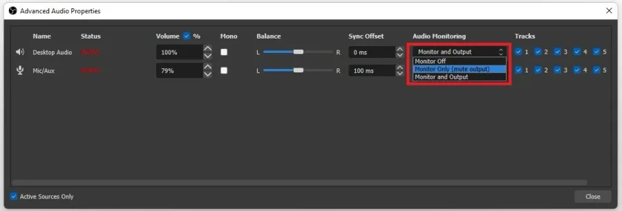 Advanced Audio Properties > Audio Monitoring > Monitor Only