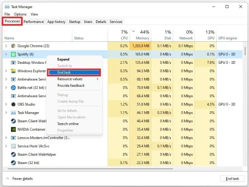 Task Manager > Processes > End Task