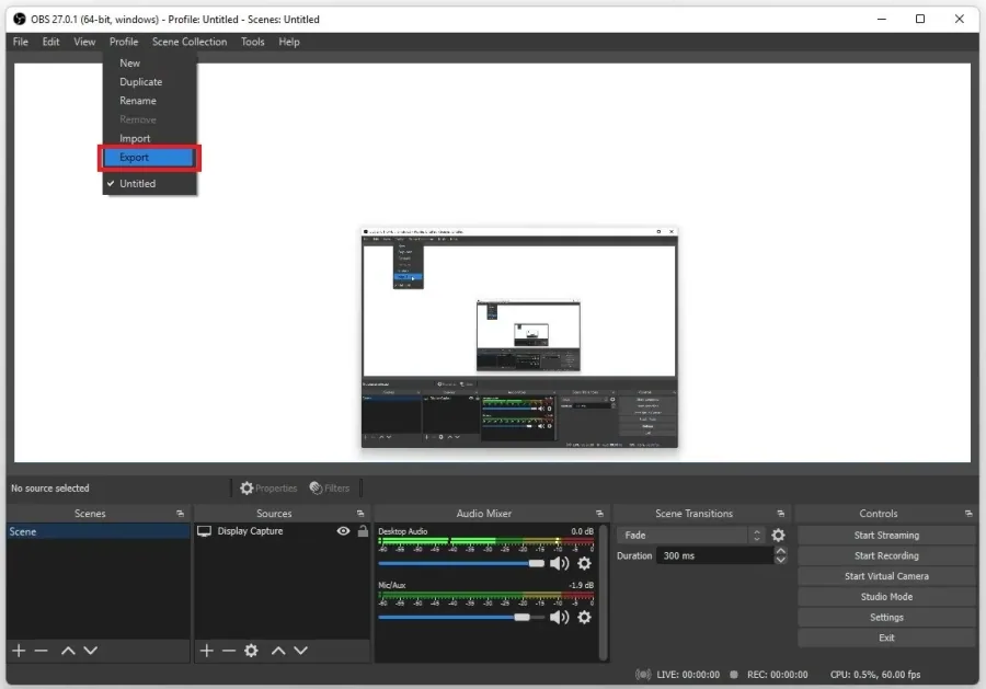 OBS Studio > Profile > Export