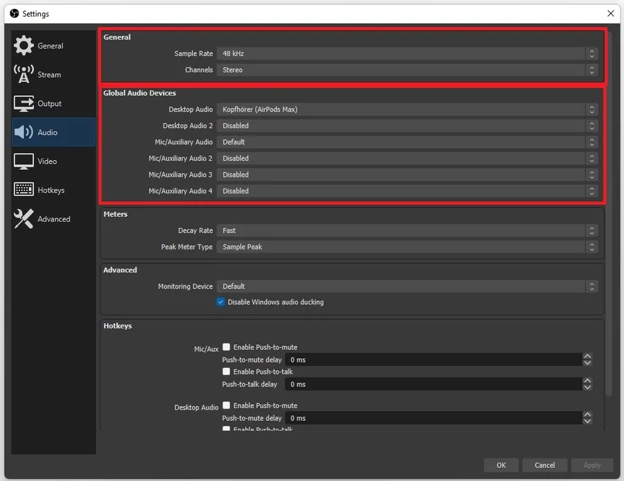 OBS Studio > Settings > Audio