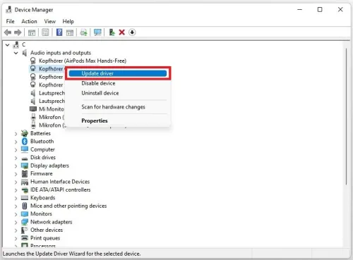 Device Manager > Audio Inputs and Outputs > Update Driver