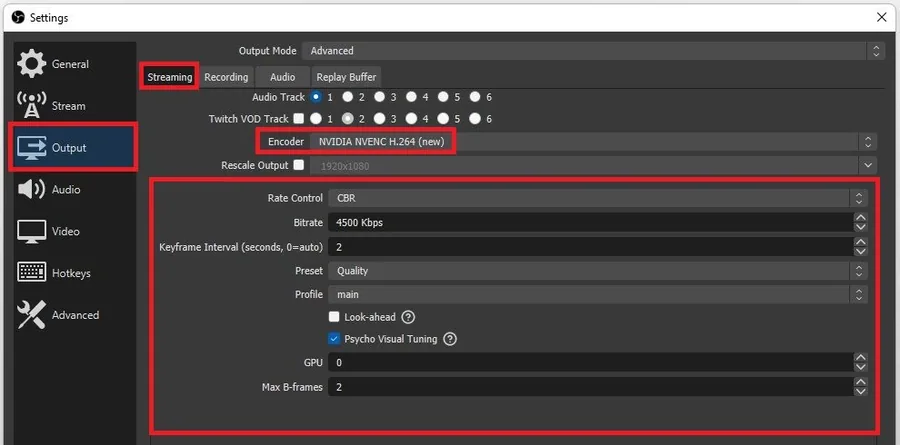 OBS Studio > Settings > Output