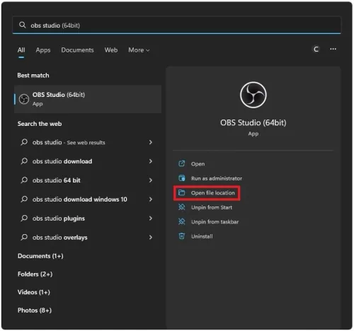 OBS Studio > Open File Location