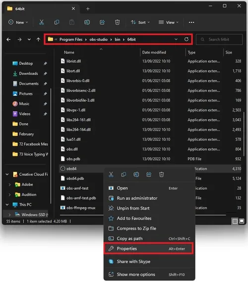 Program Files > obs-studio > bin > 64bit > obs64 > Properties