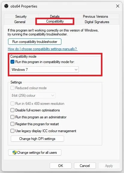 obs64 > Properties > Compatibility