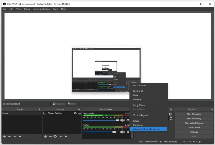 OBS Studio > Audio Mixer > Advanced Audio Properties