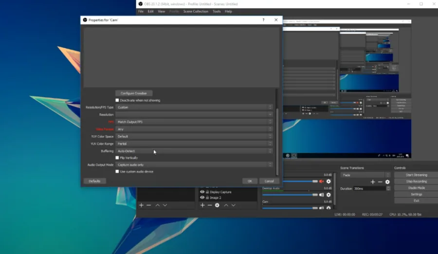 OBS Sources > VIdeo Capture Device > Settings > Resolution / FPS Type