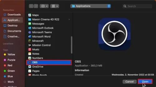 Finder > Applications > OBS