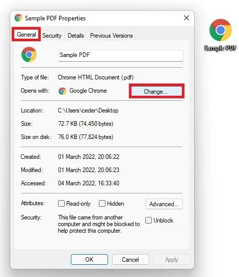 PDF Properties > General > Opens with