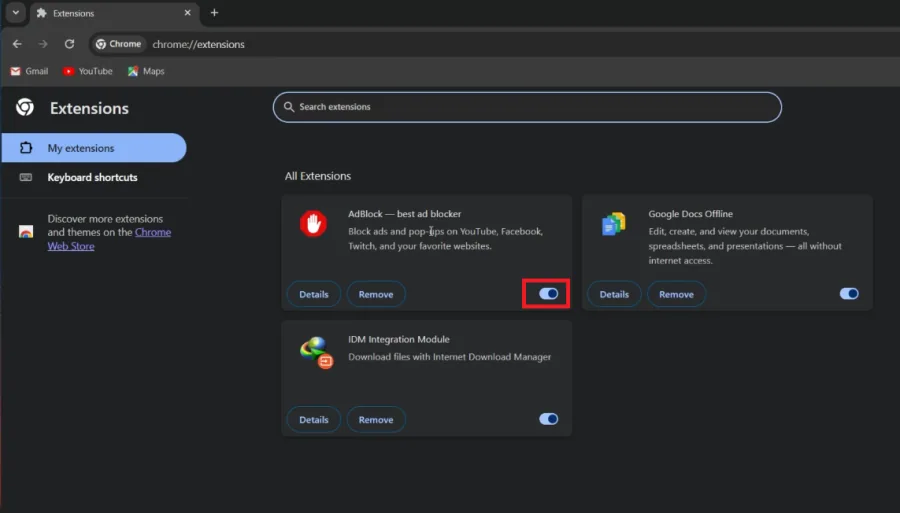 disable extensions