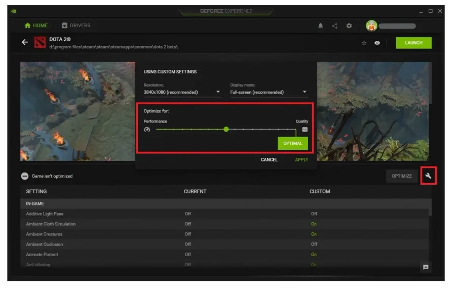 GeForce Experience > Home > Custom Settings