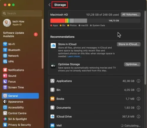 System Settings > General > Storage