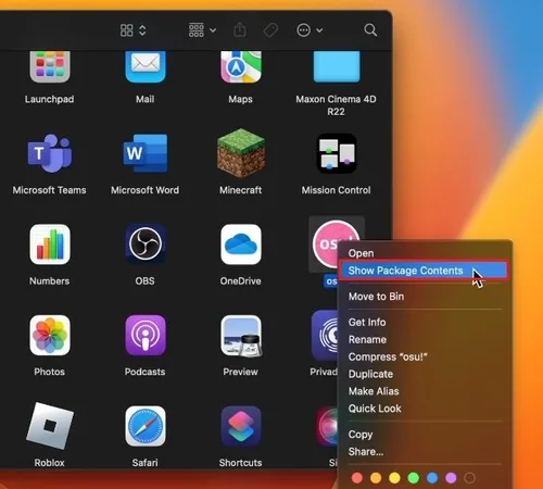 Finder > Applications > osu! > Show Package Contents