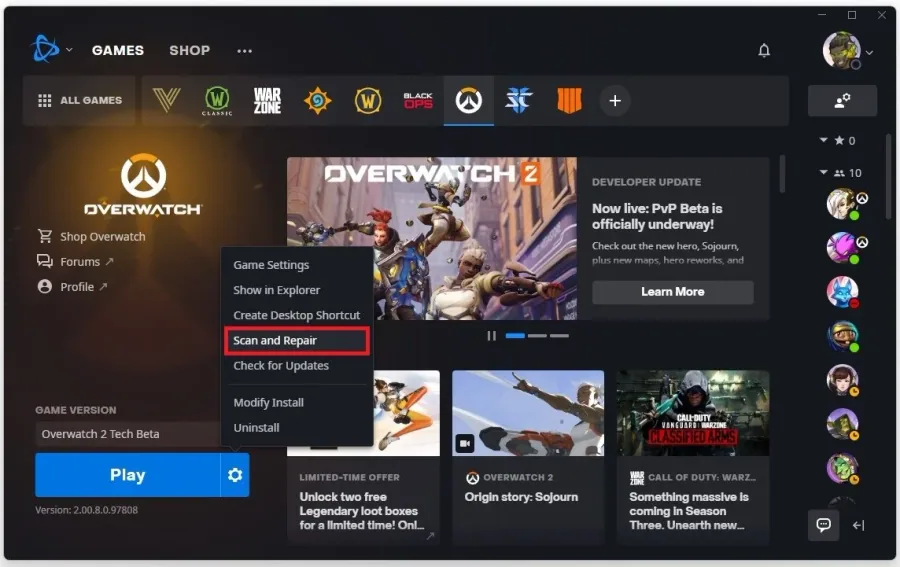 Battle.net Launcher > Overwatch 2 > Scan and Repair