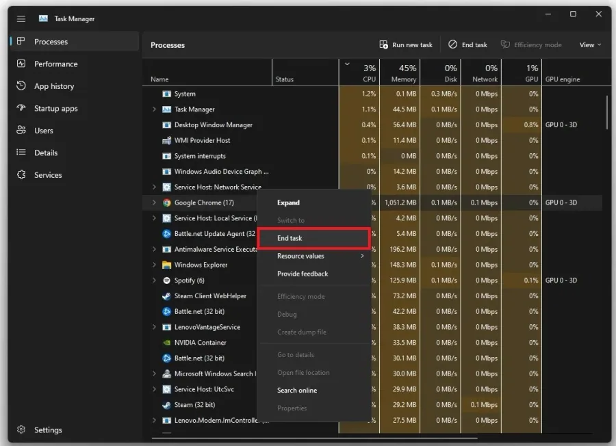 Task Manager > Processes > End Task