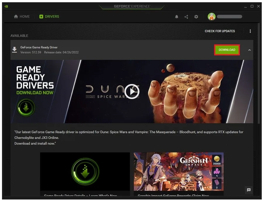 GeForce Experience > Drivers > Download