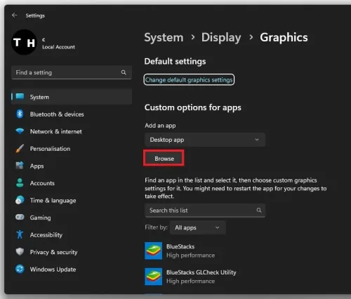 System Settings > Display > Graphics > Browse