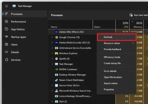 Task Manager > Processes