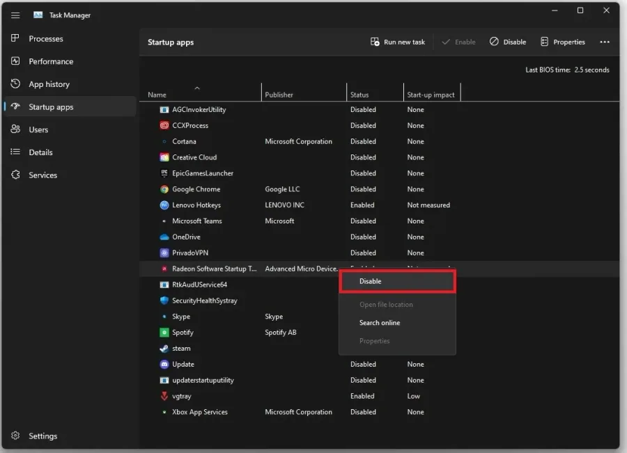 Task Manager > Startup Apps