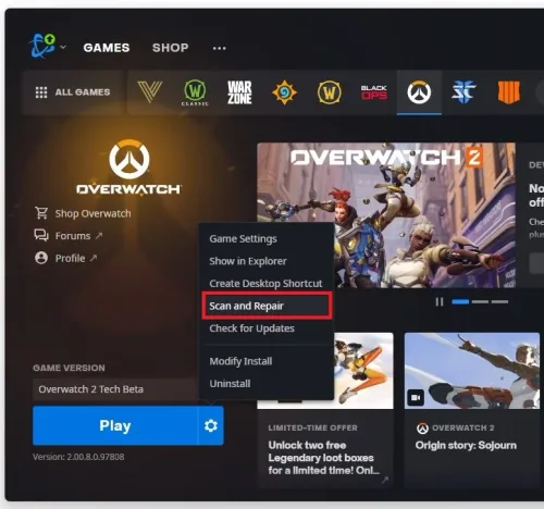 Battle.net launcher > Overwatch 2 Settings > Scan and Repair