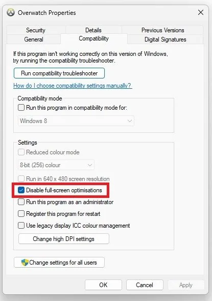 Overwatch Properties > Compatibility > Disable full-screen optimisations
