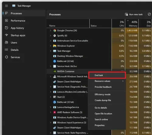 Task Manager > Processes
