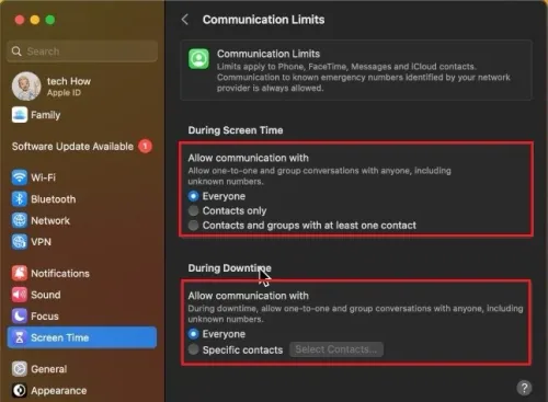 System Settings > Screen Time > Communication Limits
