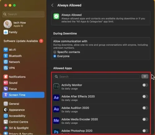 System Settings > Screen Time > Always Allowed