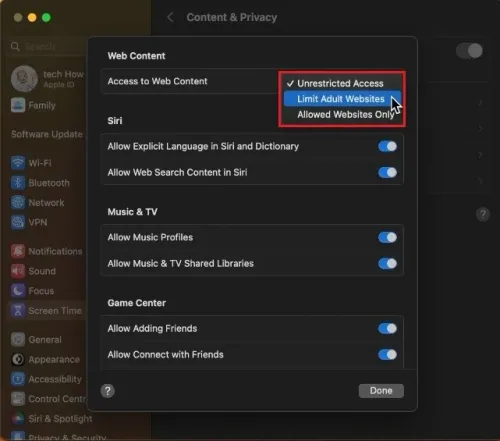 System Settings > Screen Time > Content & Privacy