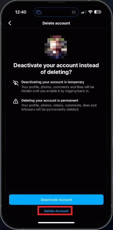 delete instagram account