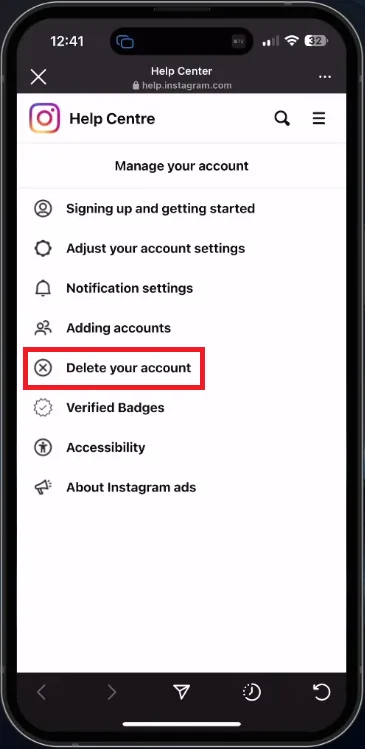 delete insta account other option