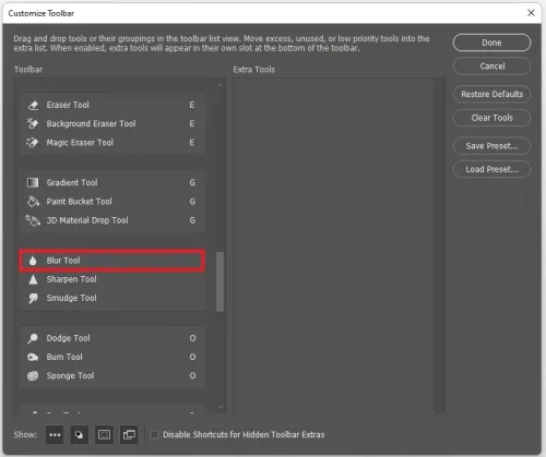Customize Toolbar > Blur Tool