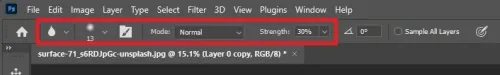 Phtoshop menu > Blur Tool > Hardness